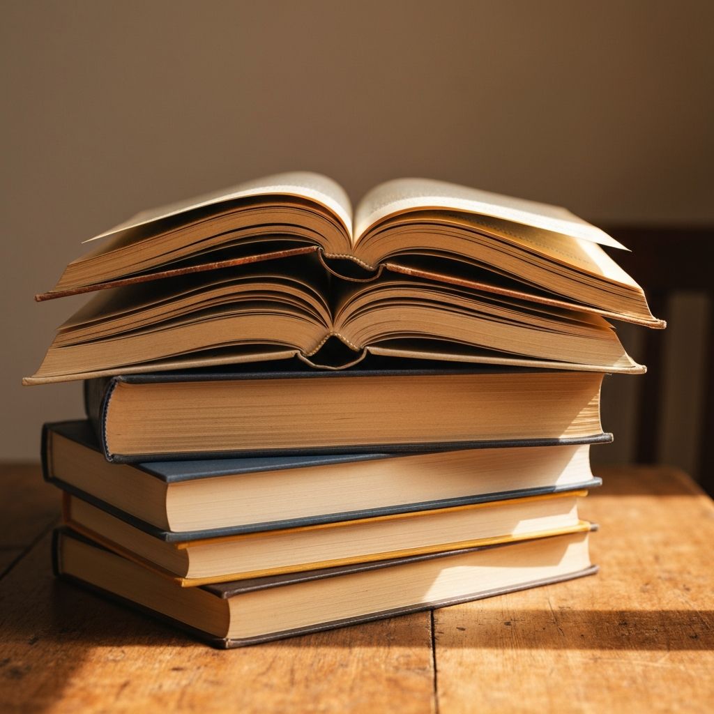 Pilha de livros abertos sobre mesa de madeira envelhecida com luz natural quente e focada, representando leitura, conhecimento e exploração intelectual