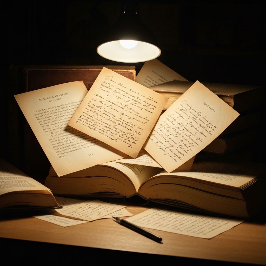 Livros antigos abertos sobre uma mesa de madeira com luz quente e direcional, papéis com escrita histórica, penas e tinteiro, evocando o contexto de conhecimento histórico