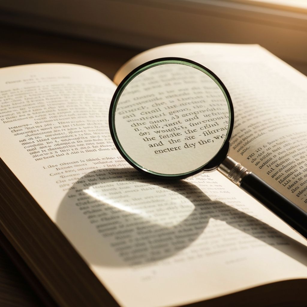 Livro aberto com páginas iluminadas por luz natural, lupa sobre texto, representando a análise crítica e verificação de informações